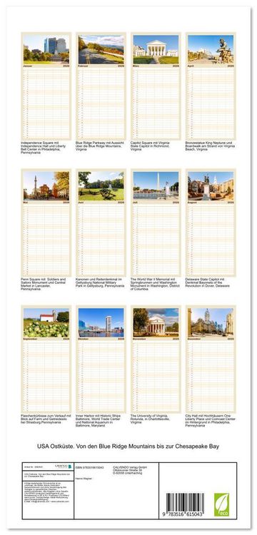 Produktbild: Familienplaner 2026 - USA Ostk&uuml;ste. Von den Blue Ridge Mountains bis zur Chesapeake Bay mit 5 Spalten (Wandkalender, 21 x 45 cm) CALVENDO