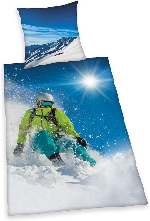 Produktbild: Herding 4459251050 - Young Collection, Ski Fahrer, Bettw&auml;sche-Set, Cotton, blau, 80x80cm, 135x200cm