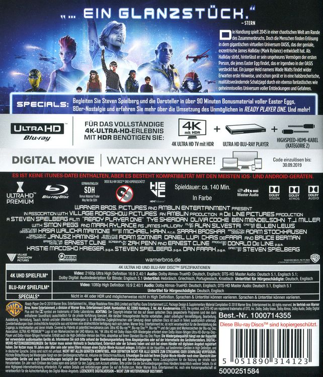 Produktbild: Ready Player One (4K Ultra HD) (+ Blu-ray 2D)