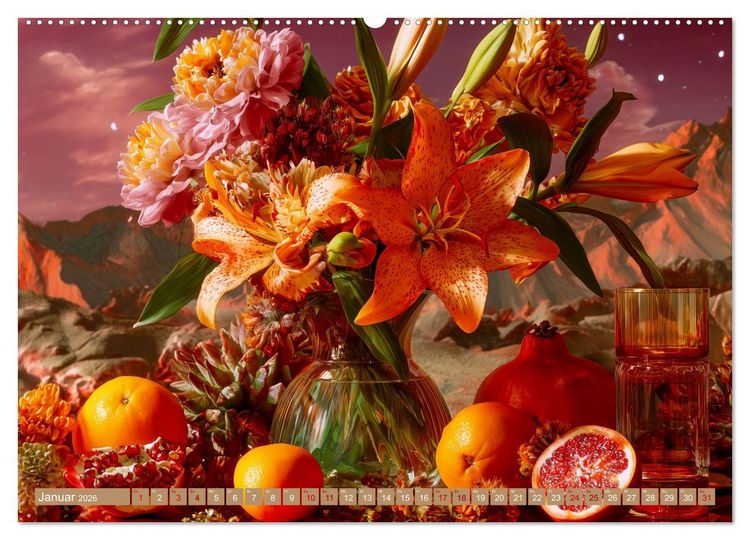 Produktbild: Bloom und Bite. KI mixt Blumen, Obst und Gem&uuml;se (Wandkalender 2026 DIN A2 quer), CALVENDO Monatskalender