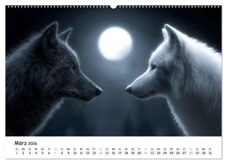 Produktbild: W&ouml;lfe im Mondlicht - Ruf der Wildnis (hochwertiger Premium Wandkalender 2026 DIN A2 quer), Kunstdruck in Hochglanz