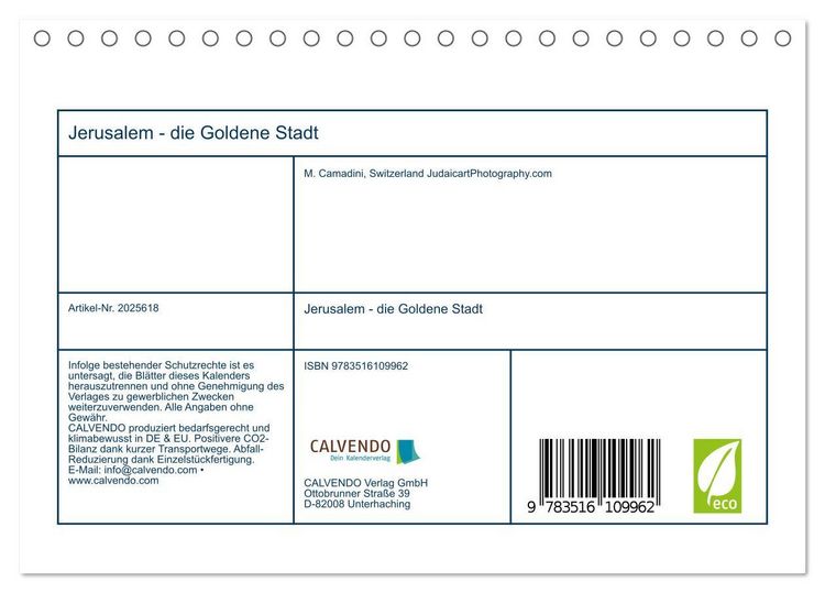 Produktbild: Jerusalem - die Goldene Stadt (Tischkalender 2026 DIN A5 quer), CALVENDO Monatskalender
