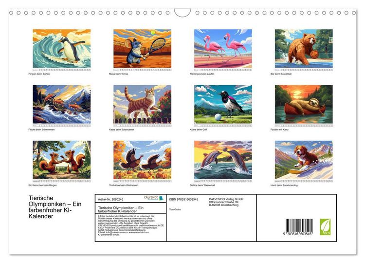 Produktbild: Tierische Olympioniken &ndash; Ein farbenfroher KI-Kalender (Wandkalender 2026 DIN A3 quer), CALVENDO Monatskalender
