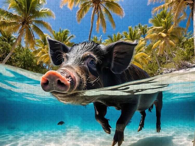 Produktbild: CALVENDO Puzzle Schwarzes Schwein schwimmt im t&uuml;rkisblauen Wasser der Karibik | 1000 Teile Lege-Gr&ouml;&szlig;e 64x48cm Foto-Puzzle f&uuml;r gl&uuml;ckliche Stunden