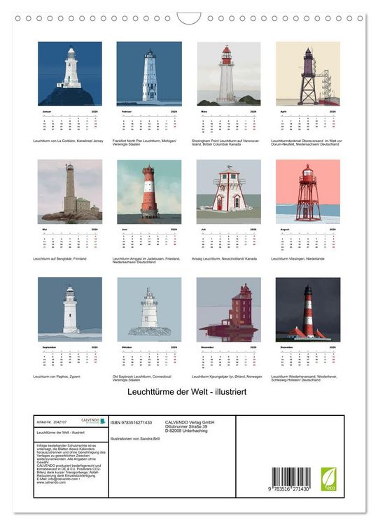 Produktbild: Leuchtt&uuml;rme der Welt - illustriert (Wandkalender 2026 DIN A3 hoch), CALVENDO Monatskalender