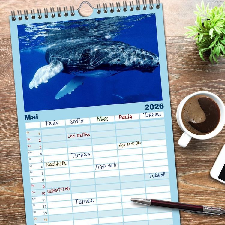Produktbild: Familienplaner 2026 - Delfine und Wale mit 5 Spalten (Wandkalender, 21 x 45 cm) CALVENDO