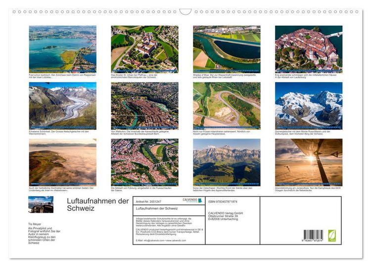 Produktbild: Luftaufnahmen der Schweiz (Wandkalender 2026 DIN A2 quer), CALVENDO Monatskalender