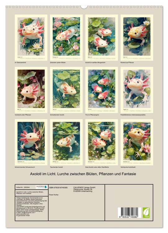 Produktbild: Axolotl im Licht. Lurche zwischen Bl&uuml;ten, Pflanzen und Fantasie (hochwertiger Premium Wandkalender 2027 DIN A2 hoch), Kunstdruck in Hochglanz