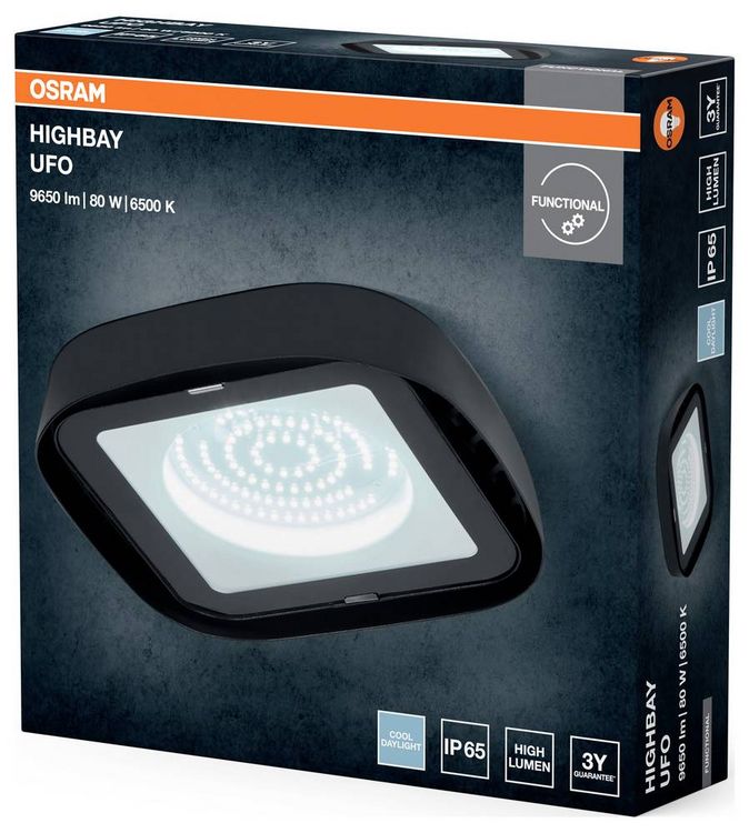 Produktbild: OSRAM HOMELIGHTING Highbay Ufo 80W 865 IP65 Black 4099854429354 LED-Hallenleuchte 80.00 W Schwarz