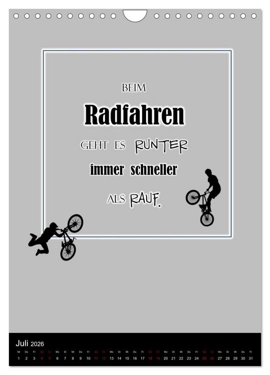 Produktbild: Markante, freche Spr&uuml;che rund ums Radfahren (Wandkalender 2026 DIN A4 hoch), CALVENDO Monatskalender