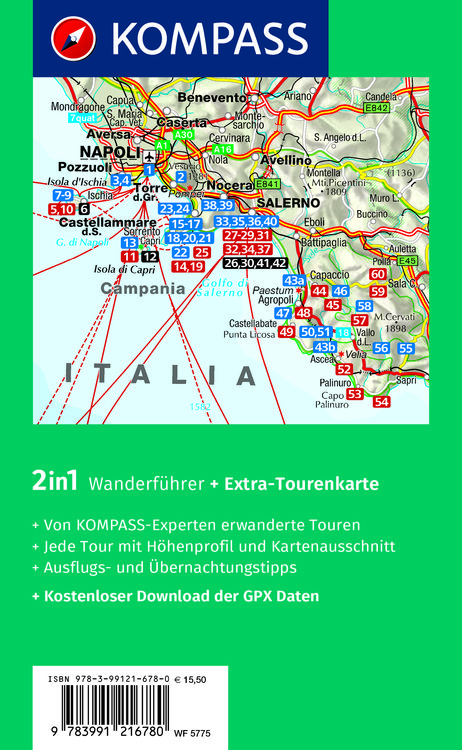 Produktbild: KOMPASS Wanderf&uuml;hrer Golf von Neapel, Ischia, Capri, Halbinsel Sorrent, Amalfi-K&uuml;ste und Cilento, 60 Touren mit Extra-Tourenkarte