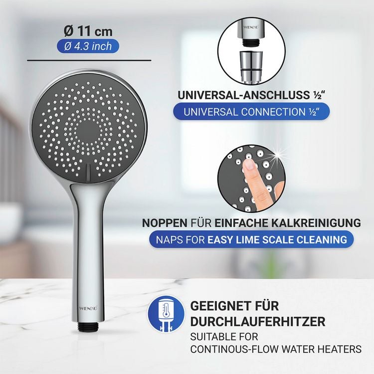 Produktbild: Duschkopf Grau &Oslash; 11 cm, mit 3 Strahlarten