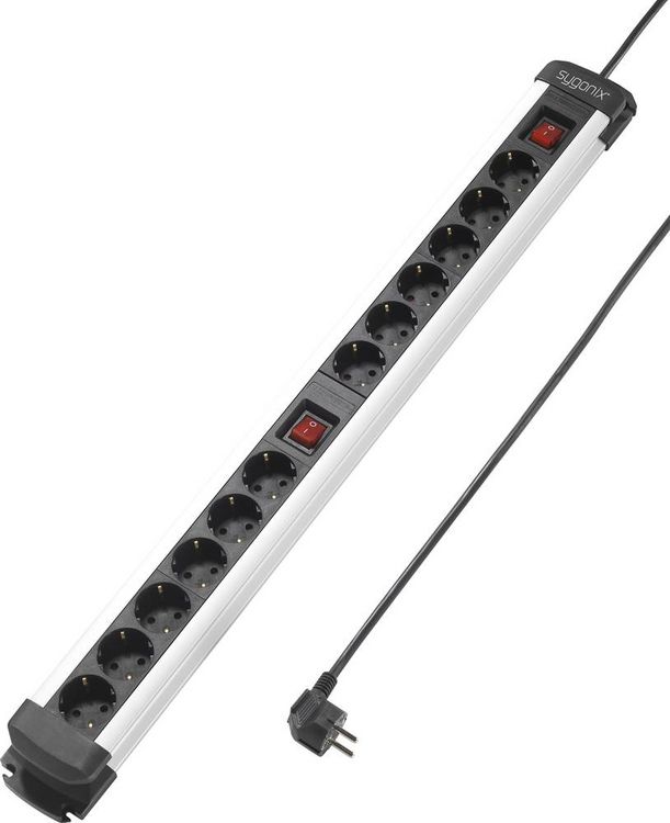 Produktbild: Sygonix SY-4538268 Steckdosenleiste mit Schalter 12fach Schwarz, Silber Schutzkontakt 1St.