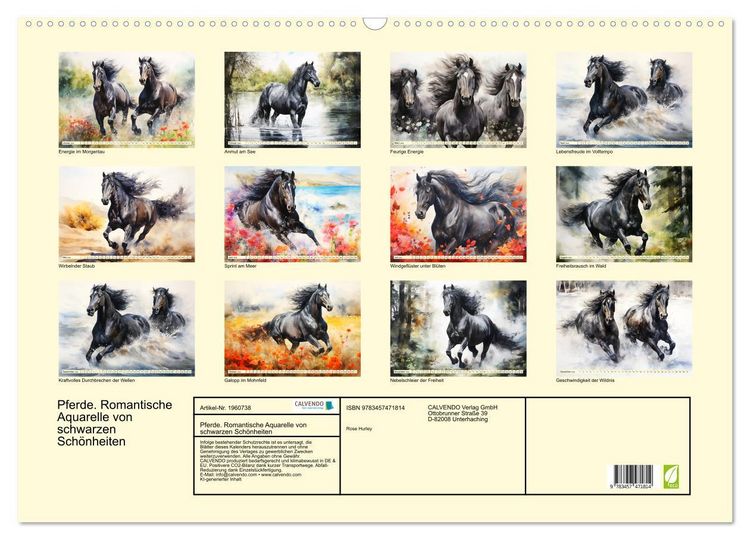 Produktbild: Pferde. Romantische Aquarelle von schwarzen Sch&ouml;nheiten (Wandkalender 2026 DIN A2 quer), CALVENDO Monatskalender