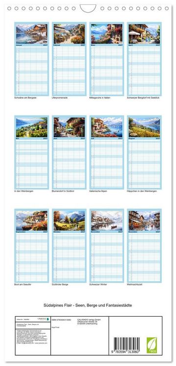 Produktbild: Familienplaner 2027 - S&uuml;dalpines Flair - Seen, Berge und Fantasiest&auml;dte mit 5 Spalten (Wandkalender, 21 x 45 cm) CALVENDO
