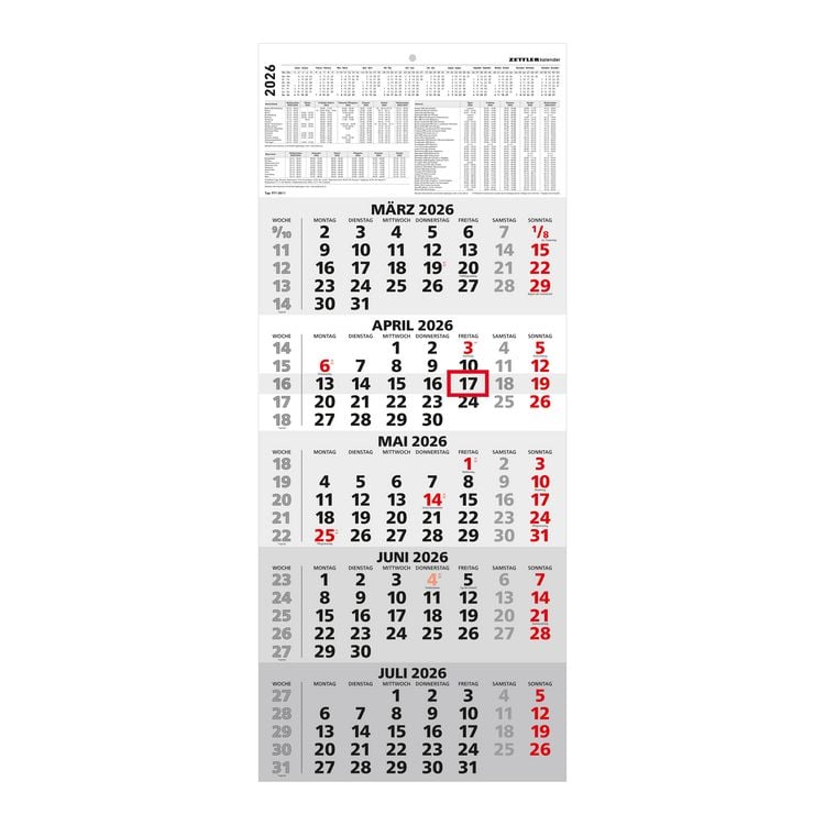 Produktbild: 5-Monatskalender 2026 - Büro-Kalender 30x58 cm (geöffnet) - mit Datumsschieber - Zettler - 971-0011