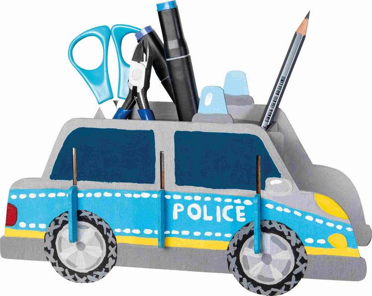 Produktbild: PEBARO 477/4 - Holzbausatz Stiftehalter Polizeiauto, Laser cut Bastelset