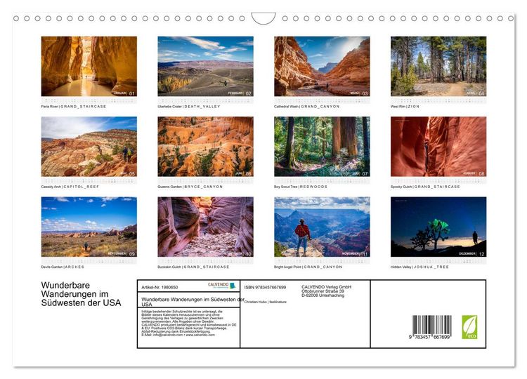 Produktbild: Wunderbare Wanderungen im S&uuml;dwesten der USA (Wandkalender 2026 DIN A3 quer), CALVENDO Monatskalender