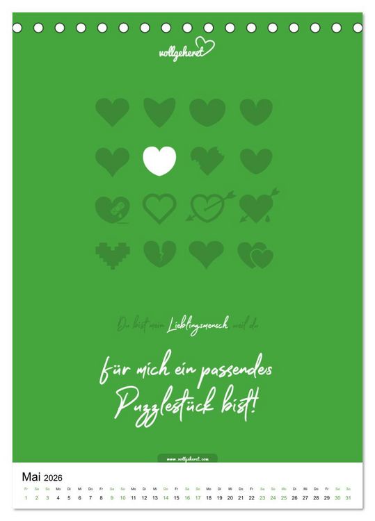 Produktbild: vollgeherzt: Lieblingsmensch-Kalender - Der Wandkalender als Geschenk f&uuml;r ganz besondere Menschen (Tischkalender 2026 DIN A5 hoch), CALVENDO Monatskalender