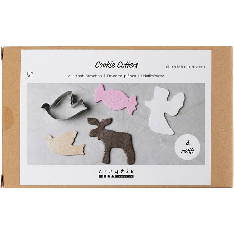 Produktbild: Creativ Company Ausstechf&ouml;rmchen, Engel, Rentier, Taube, Bonbon, H 2 cm, Gr&ouml;&szlig;e 4,5-9 cm, Metallic-Silber, 4 Stk