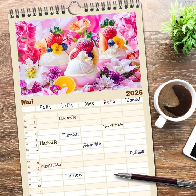 Produktbild: Familienplaner 2026 - Eiscreme-Tr&auml;ume - S&uuml;&szlig;e Verlockung und florale Sch&ouml;nheiten mit 5 Spalten (Wandkalender, 21 x 45 cm) CALVENDO