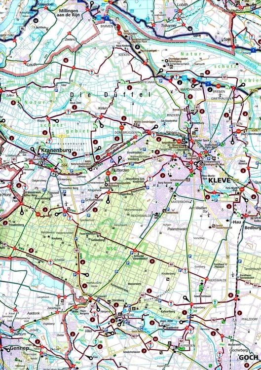 KOMPASS Fahrradkarte 3323 Niederrhein, Kleve, Wesel, Krefeld, Mönchengladbach, Viersen mit Knotenpunkten 1:70.000