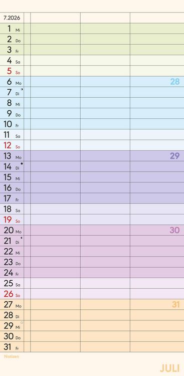 Produktbild: Superplaner Farbenfroh 2026 - Familien-Timer 22x45 cm - mit Ferienterminen - 3 Spalten - Wand-Planer - mit vielen Zusatzinformationen - Alpha Edition