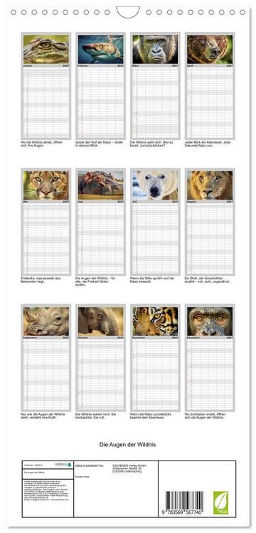Produktbild: Familienplaner 2027 - Die Augen der Wildnis mit 5 Spalten (Wandkalender, 21 x 45 cm) CALVENDO
