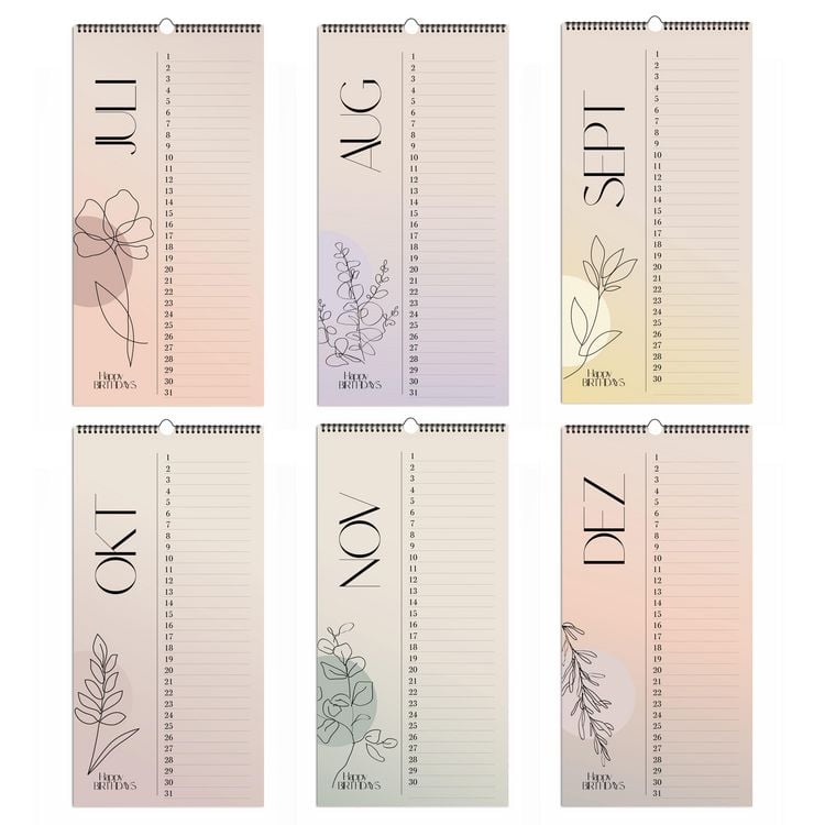 Produktbild: Immerw&auml;hrender Geburtstagskalender "Happy Birthdays" ohne Jahreszahl. Florale Lineart in Bohofarben.