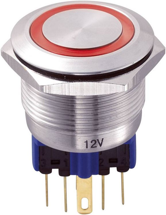 Produktbild: TRU COMPONENTS 701776 GQ22-11E/R/12V Vandalismusgesch&uuml;tzter Drucktaster 250 V/AC 5 A 1 x Ein/(Ein) tastend Rot IP65 1 St.