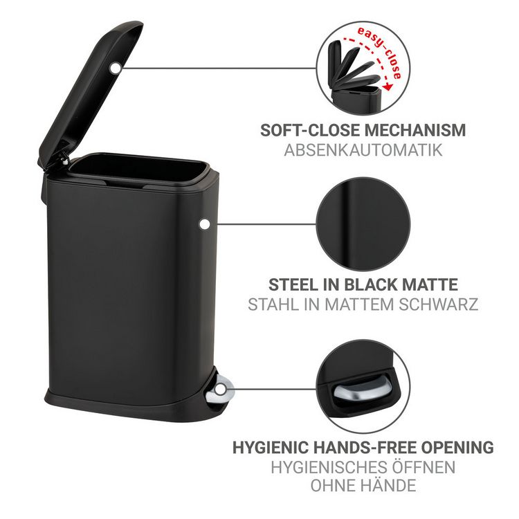 Produktbild: Treteimer Mod. Design 12 L, Easy-Close, Schwarz, mit herausnehmbarem Einsatz