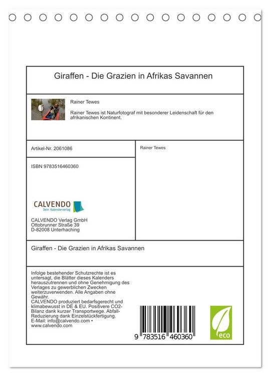 Produktbild: Giraffen - Die Grazien in Afrikas Savannen (Tischkalender 2026 DIN A5 hoch), CALVENDO Monatskalender