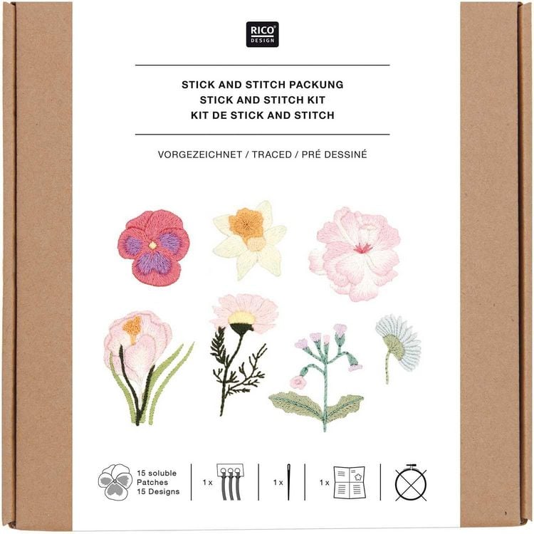 Produktbild: Stick & Stitch Packung Fr&uuml;hlingsblumen, inkl. wasserl&ouml;slicher Stickvorlage, inkl. wasserl&ouml;slicher, bedruckter Stickvorlage, Stickg