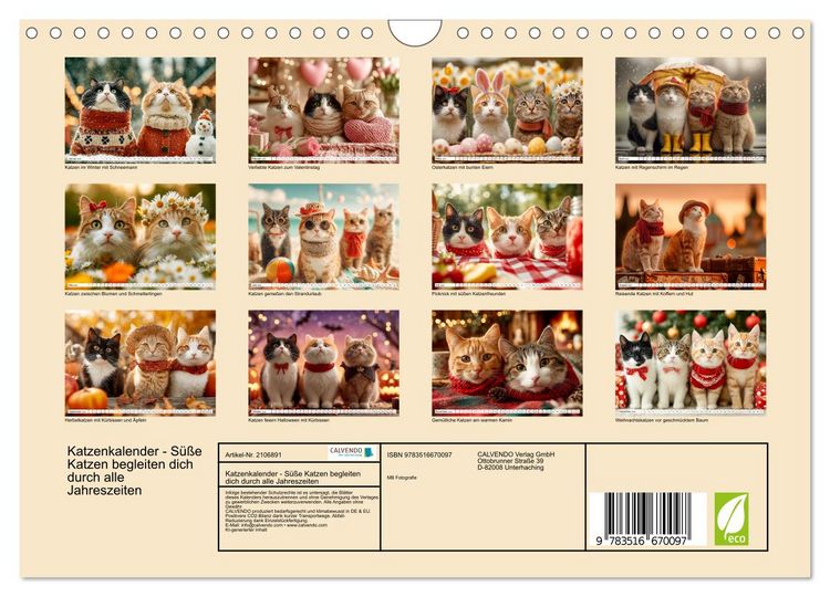Produktbild: Katzenkalender - S&uuml;&szlig;e Katzen begleiten dich durch alle Jahreszeiten (Wandkalender 2026 DIN A4 quer), CALVENDO Monatskalender