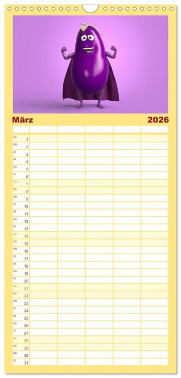 Produktbild: Familienplaner 2026 - Esse ich nicht! Der freche Kinderkalender mit Obst & Gem&uuml;se mit 5 Spalten (Wandkalender, 21 x 45 cm) CALVENDO