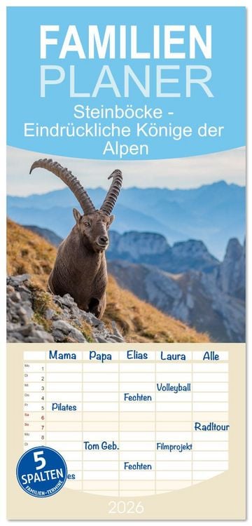 Produktbild: Familienplaner 2026 - Steinb&ouml;cke - Eindr&uuml;ckliche K&ouml;nige der Alpen mit 5 Spalten (Wandkalender, 21 x 45 cm) CALVENDO
