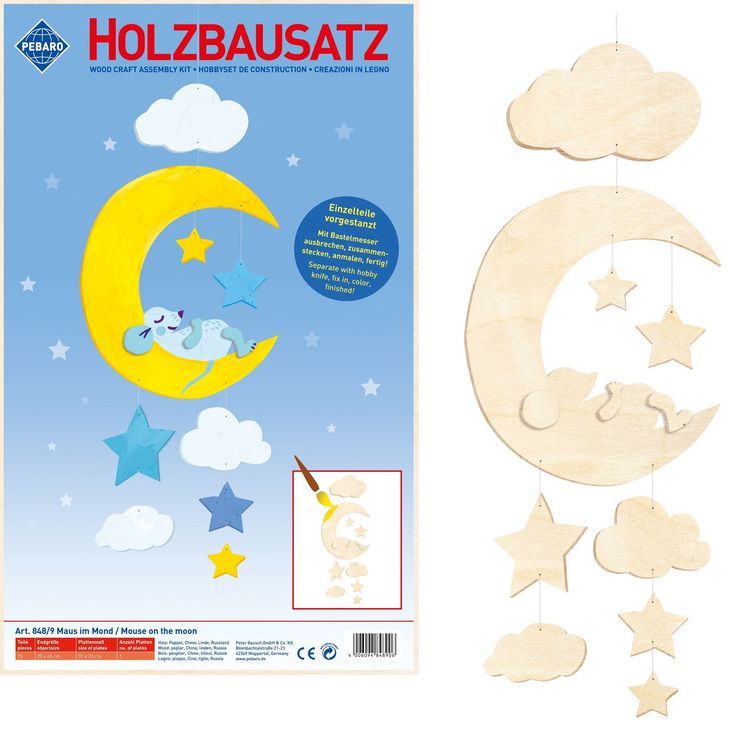 Produktbild: PEBARO 848/9 - Holzbausatz Mobile Maus im Mond, 15 Teile, Holzkonstruktion zum Zusammenstecken