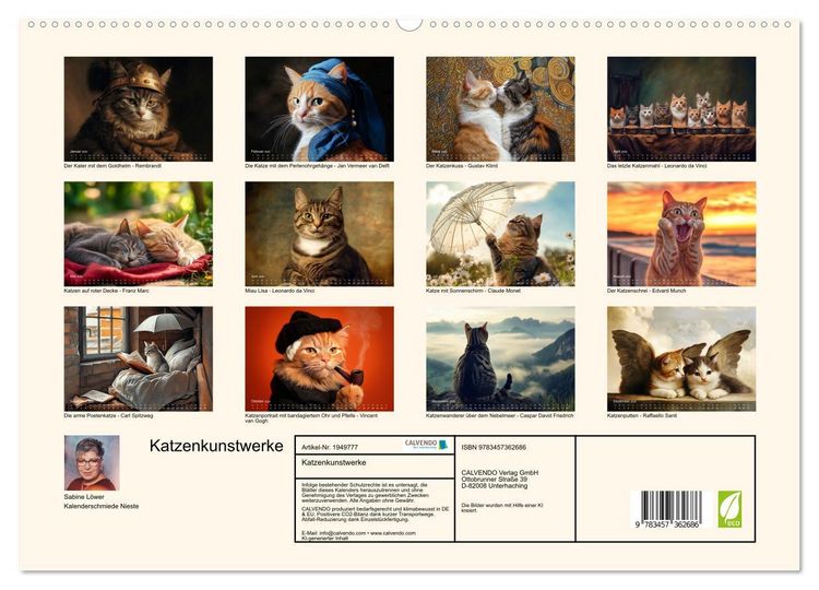 Produktbild: Katzenkunstwerke (hochwertiger Premium Wandkalender 2026 DIN A2 quer), Kunstdruck in Hochglanz