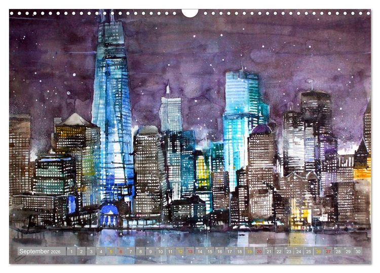 Produktbild: New York Watercolor Citylights (Wandkalender 2026 DIN A3 quer), CALVENDO Monatskalender