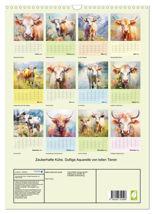 Produktbild: Zauberhafte K&uuml;he. Duftige Aquarelle von tollen Tieren (Wandkalender 2026 DIN A3 hoch), CALVENDO Monatskalender