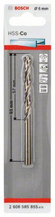 Produktbild: Bosch Accessories 2608585855 HSS Metall-Spiralbohrer 6 mm Gesamtl&auml;nge 93 mm Cobalt DIN 338 Zylinderschaft 1 St.