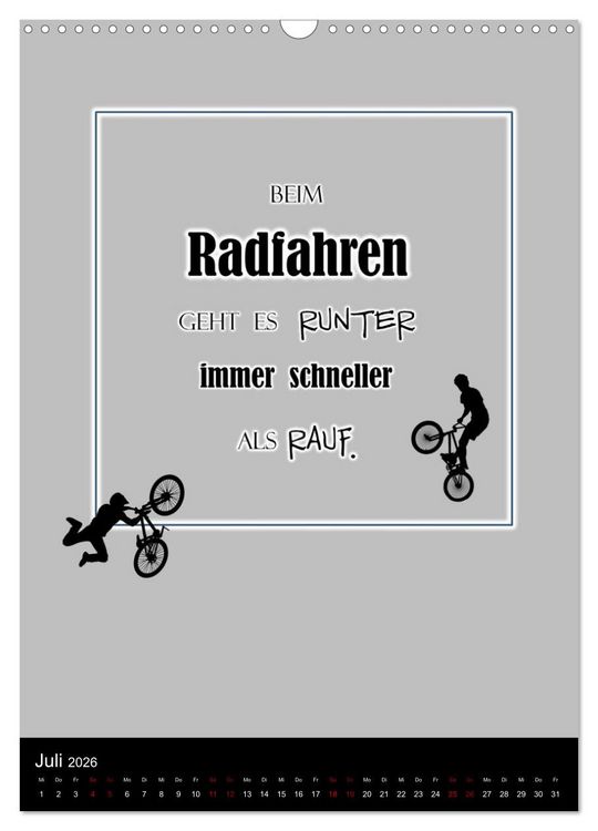 Produktbild: Markante, freche Spr&uuml;che rund ums Radfahren (Wandkalender 2026 DIN A3 hoch), CALVENDO Monatskalender