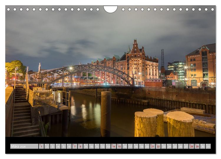 Produktbild: Hamburgs Br&uuml;cken bei Nacht (Wandkalender 2026 DIN A4 quer), CALVENDO Monatskalender