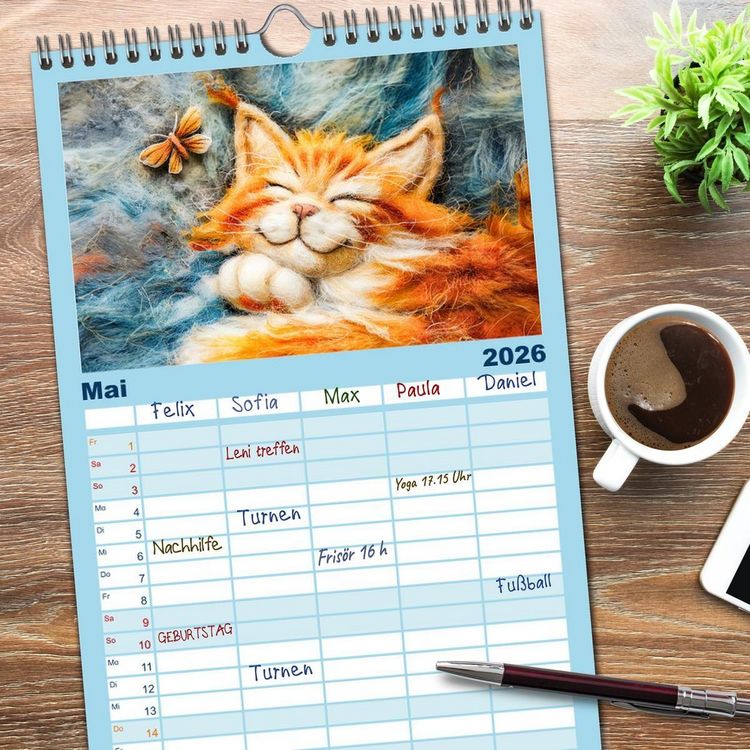 Produktbild: Familienplaner 2026 - Filzige Katzenfreunde - Ein Jahr voller niedlicher KI-Filzkunst mit 5 Spalten (Wandkalender, 21 x 45 cm) CALVENDO