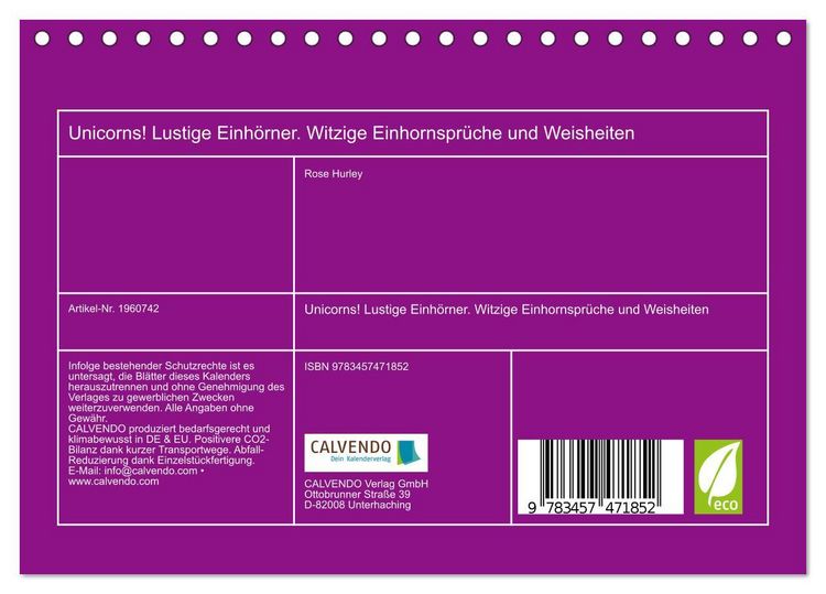 Produktbild: Unicorns! Lustige Einh&ouml;rner. Witzige Einhornspr&uuml;che und Weisheiten (Tischkalender 2026 DIN A5 quer), CALVENDO Monatskalender