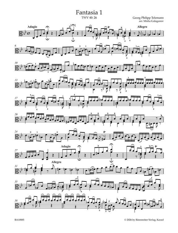 Produktbild: 12 Fantasien f&uuml;r Viola da gamba solo TWV 40: 26-37 (arrangiert f&uuml;r Viola solo)