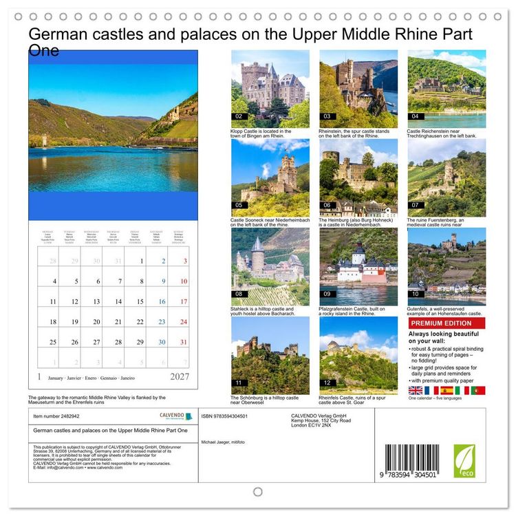 Produktbild: German castles and palaces on the Upper Middle Rhine Part One (Wall Calendar 2027 12 &times; 12 Inch) CALVENDO 12 Month Wall Calendar