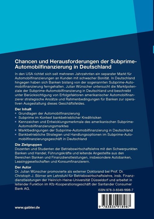 Produktbild: Chancen und Herausforderungen der Subprime-Automobilfinanzierung in Deutschland