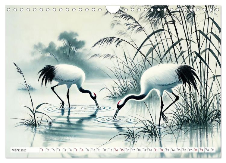 Produktbild: Eleganz der Kraniche - Majest&auml;tische V&ouml;gel in poetischer Tusche (Wandkalender 2026 DIN A4 quer), CALVENDO Monatskalender