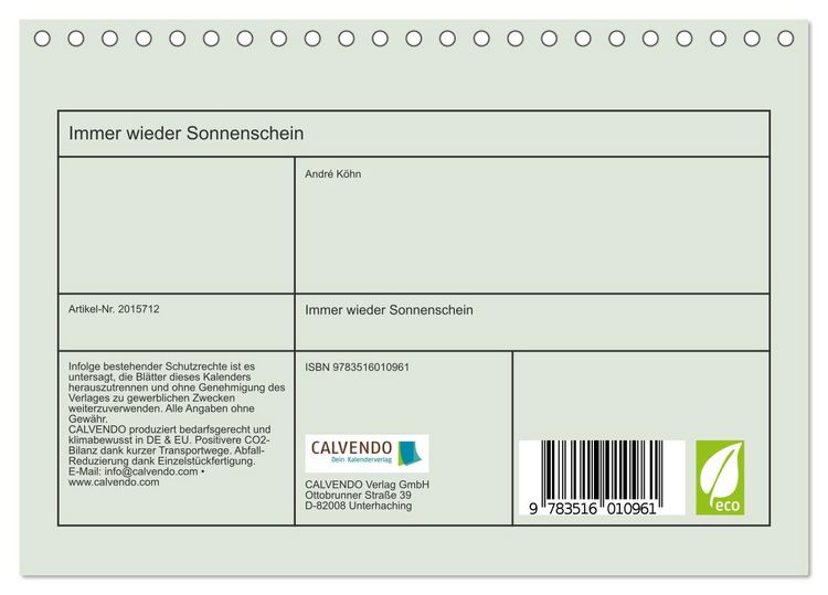 Produktbild: Immer wieder Sonnenschein (Tischkalender 2026 DIN A5 quer), CALVENDO Monatskalender